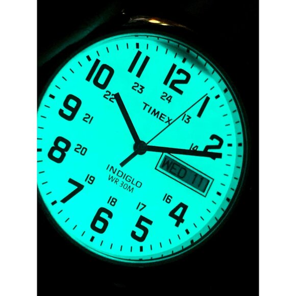 Timex Mens Watch T2N091 Indiglo White Dial Quartz Silver Case Black Leather Band - Picture 7 of 14